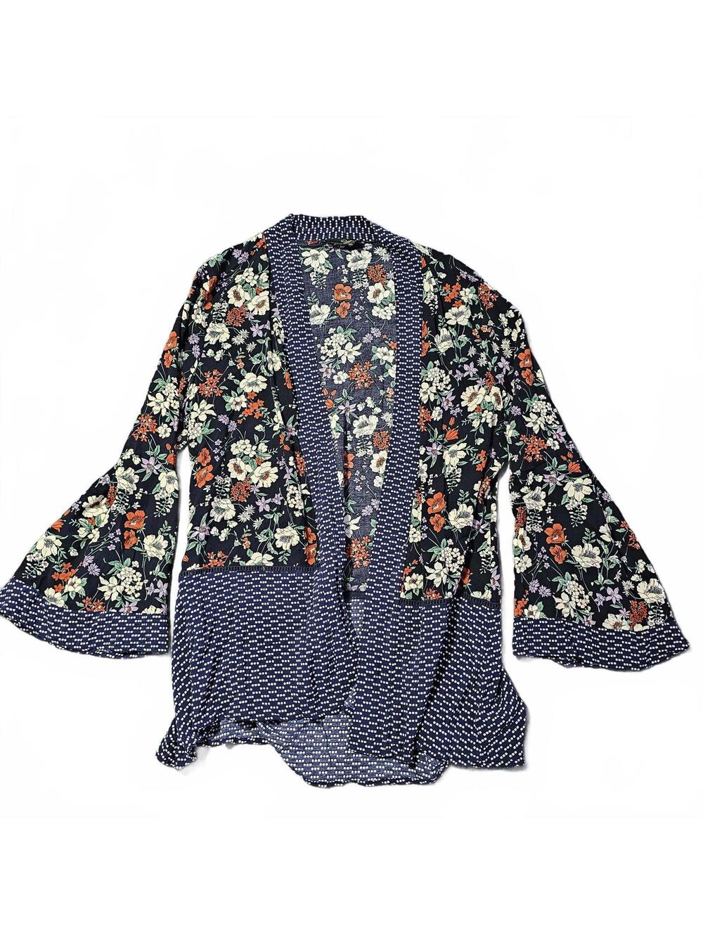 Suzanne Betro Floral Kimono Womens Medium Bell Flare Sleeve Blue Cardigan